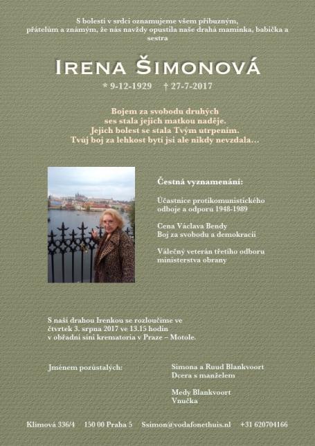 Zemřela Irena Šimonová